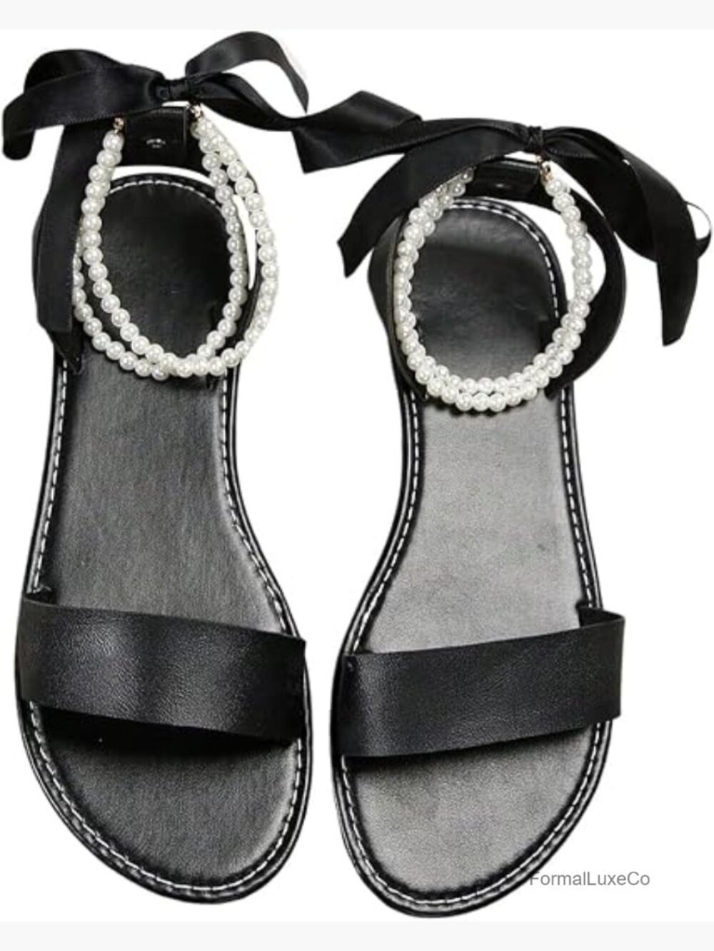Women's Bow Pearl Flat Sandals Ankle Strap Lace Up Open Toe Dressy Slides